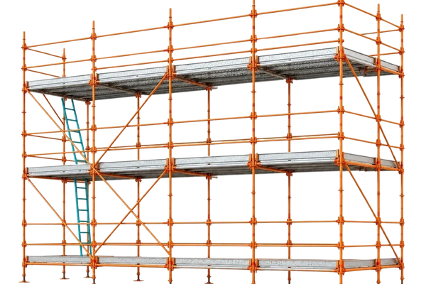 Orange scaffolding structure with metal platforms and a blue ladder.