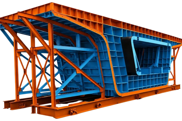 Large industrial blue and orange metal framework structure.