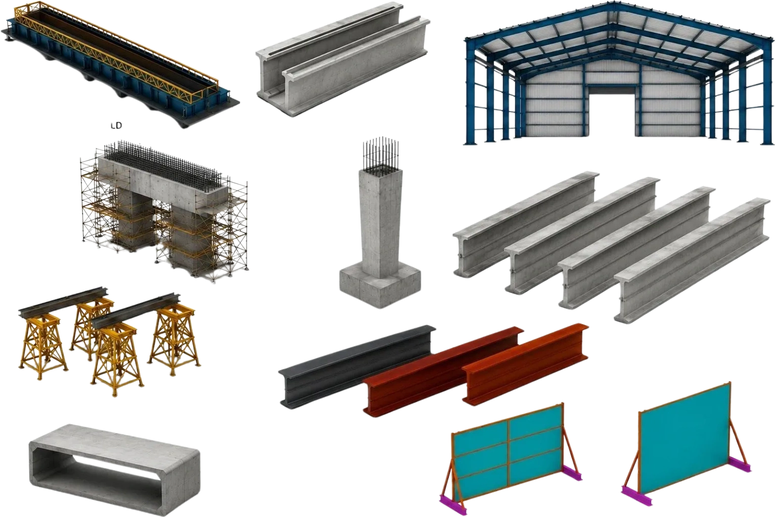 Various construction elements like beams, columns, and scaffolding isolated on white.