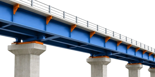 Modern blue and orange bridge supported by concrete pillars.