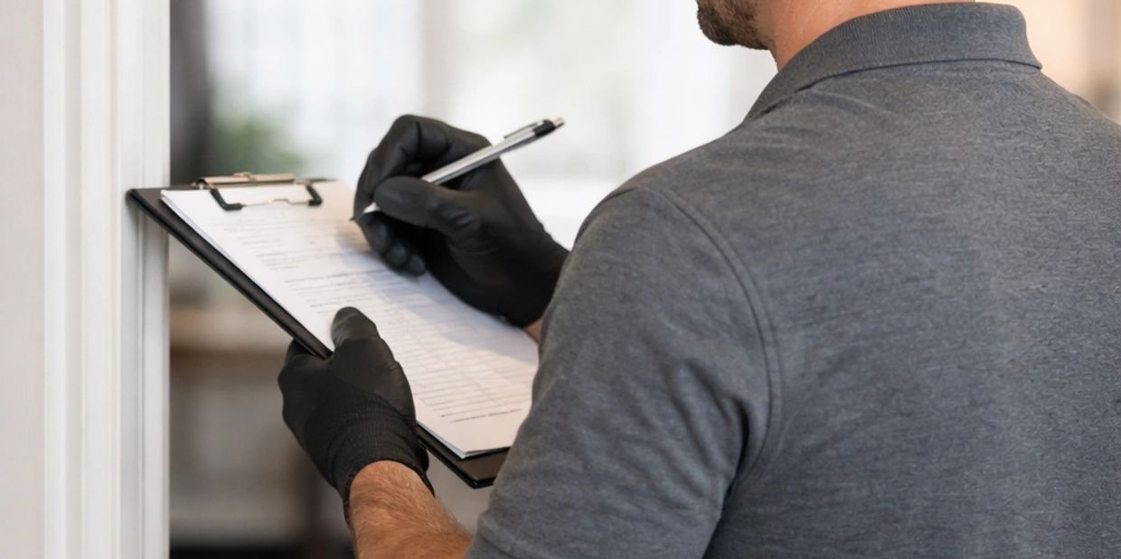 Person wearing black gloves writing on a clipboard with a pen.