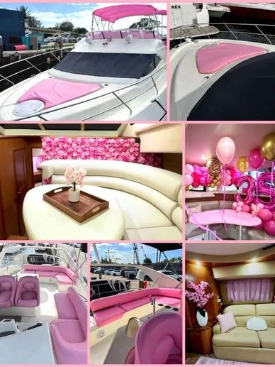 Luxurious boat with pink and white interiors and festive decorations.