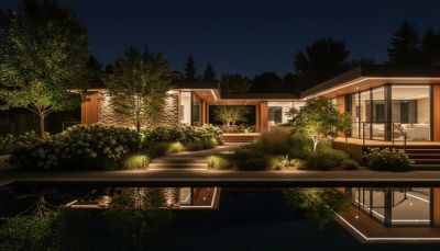 Modern house with illuminated garden and pool at night.