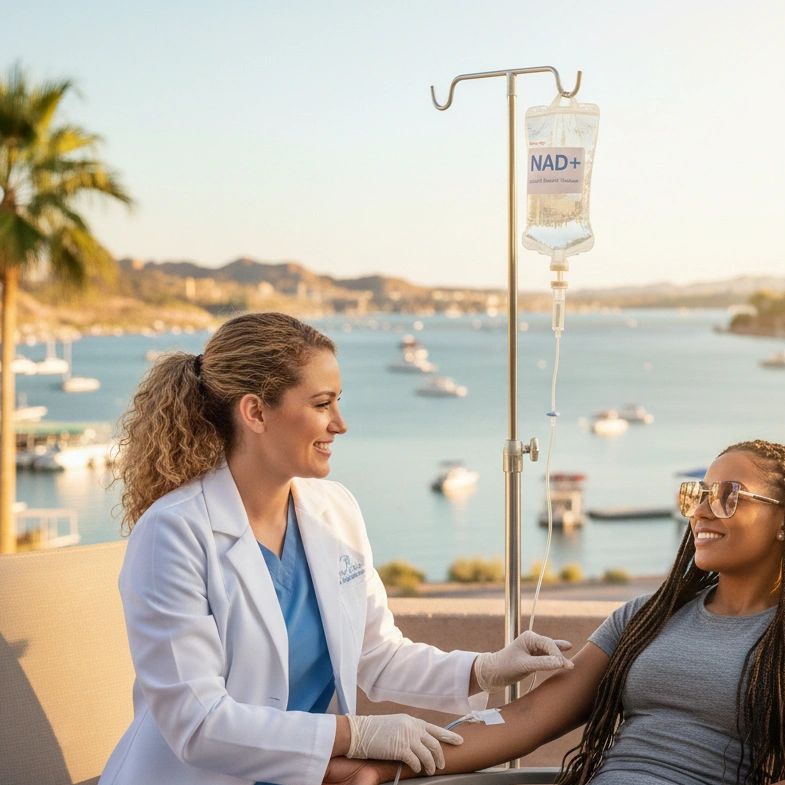 A healthcare professional administers NAD+ IV therapy to a smiling woman outdoors near water.