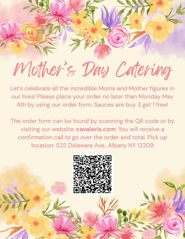 Mother's Day catering order info with floral design and QR code for easy access.
