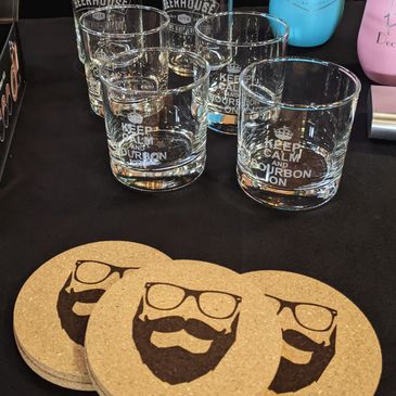 Engraved can glasses, rocks glasses, coasters, and stemless wine tumblers