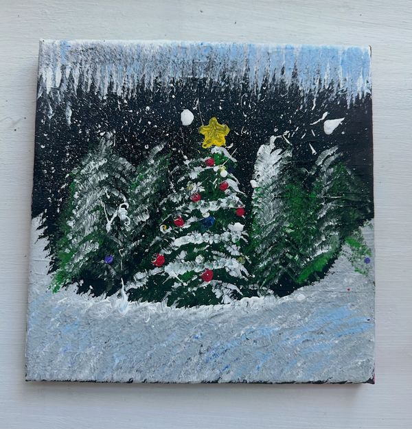Painting of a decorated Christmas tree in a snowy forest at night.