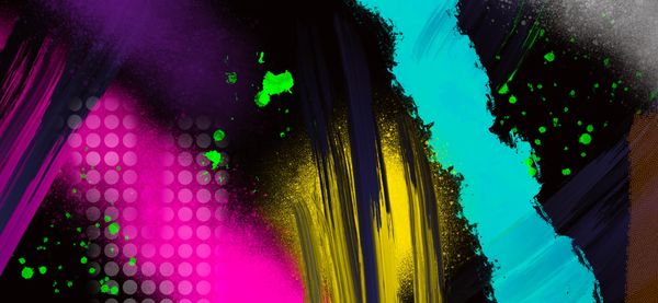 Abstract colorful graffiti art with splashes and brush strokes.