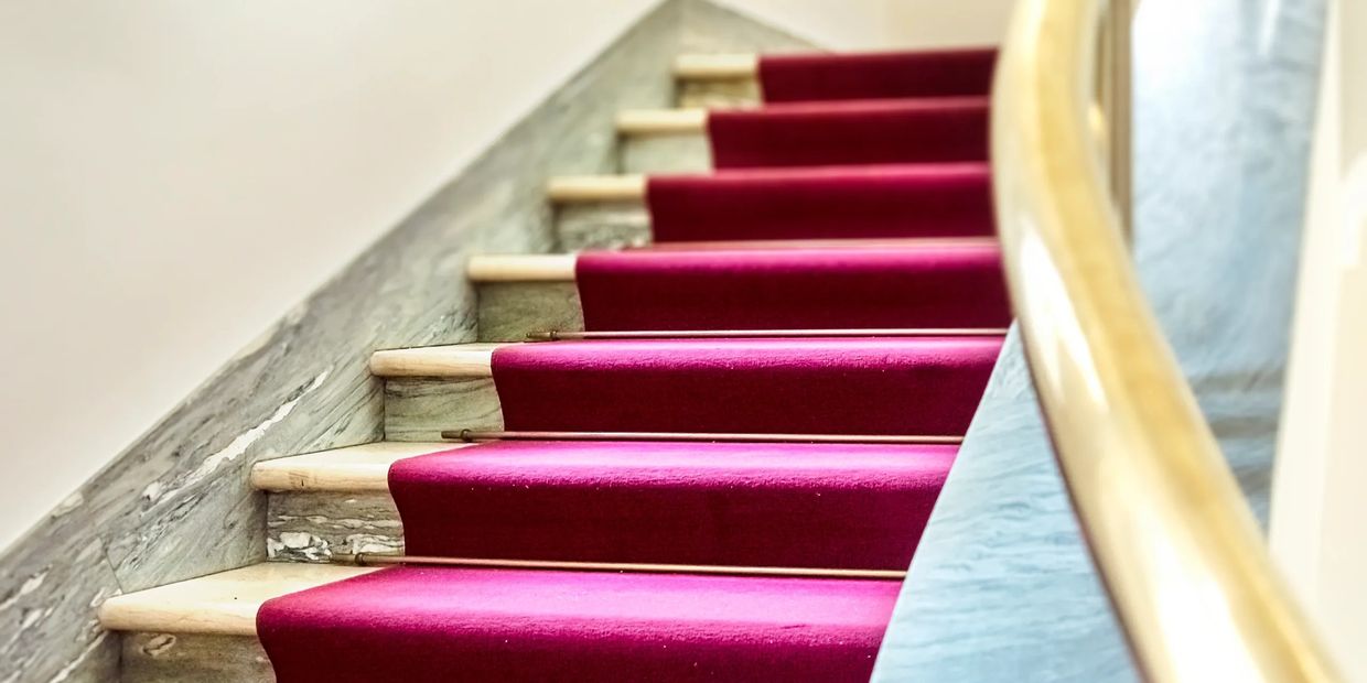 a carpet covered stairs with exposed vinyl flooring on the sides.