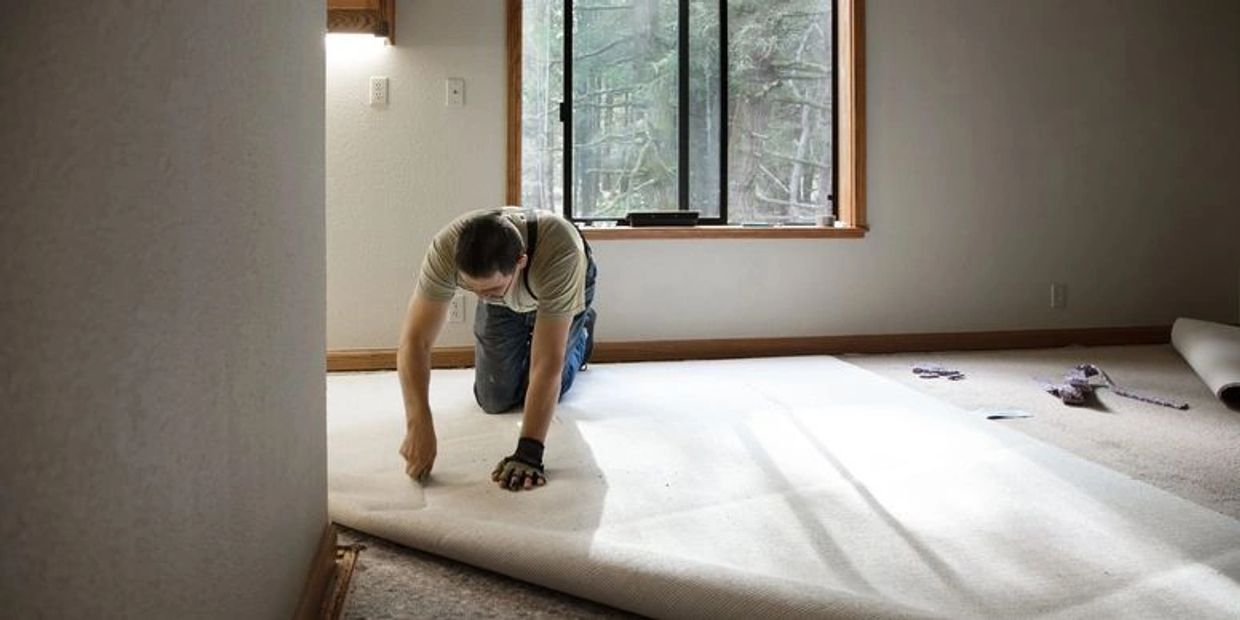 A worker installing a carpet in a naturally lit room