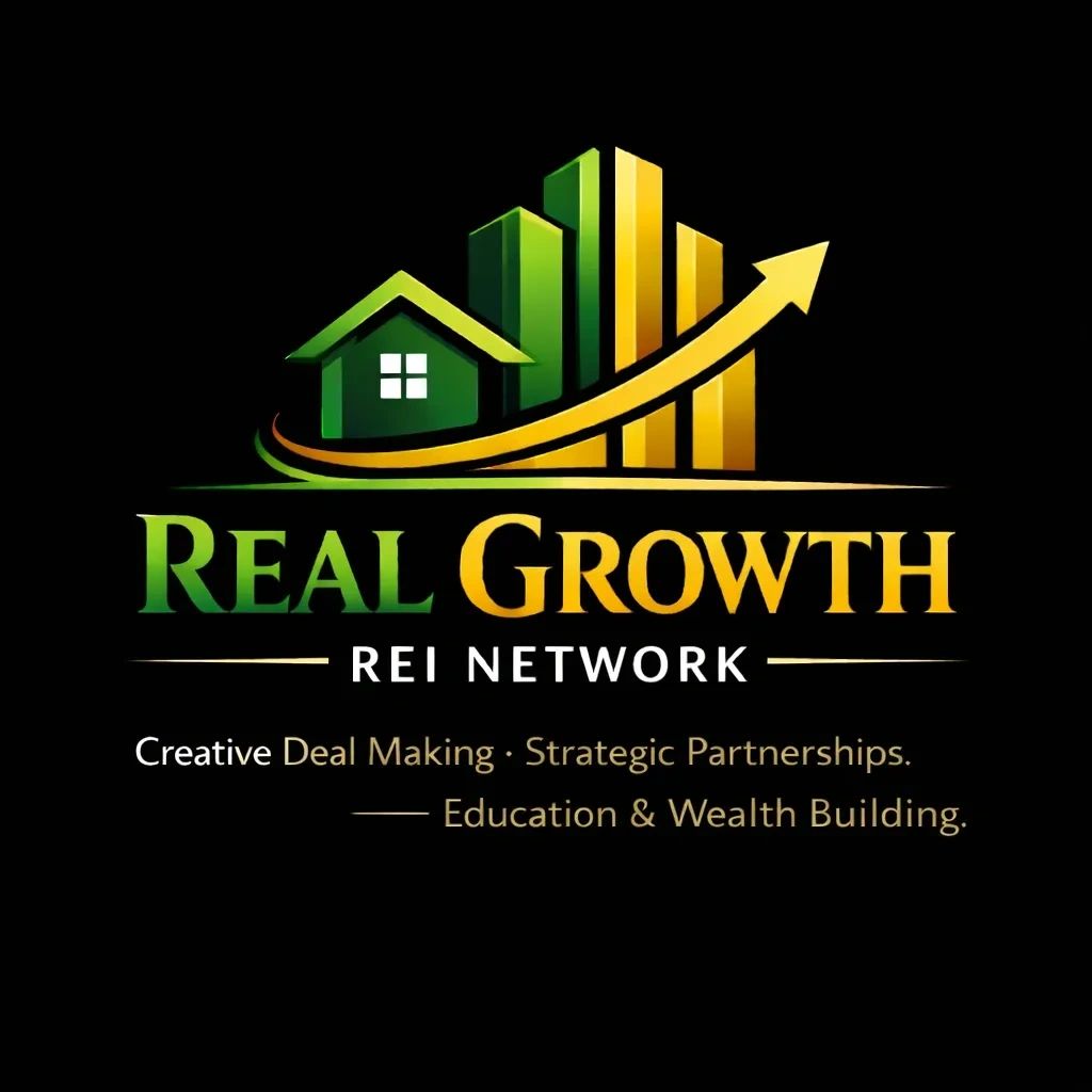 Logo for Real Growth REI Network with house, bars, and upward arrow symbolizing growth.