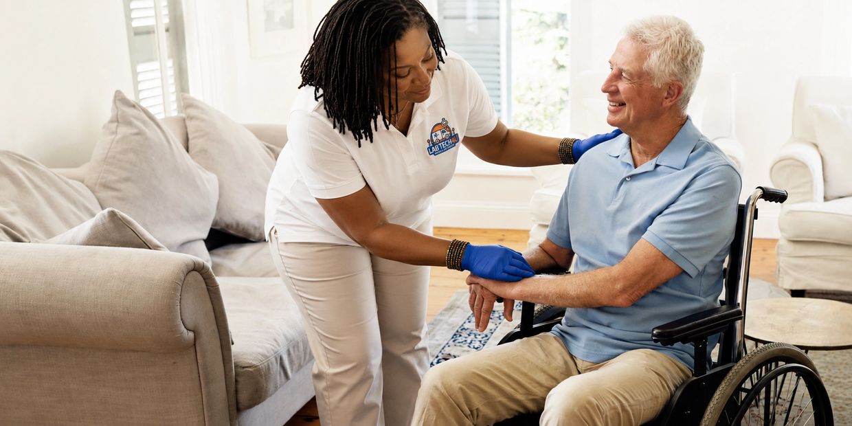 Caregiver assisting elderly man in a wheelchair with a warm smile.