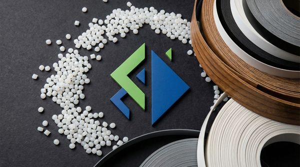Plastic pellets and edge banding rolls arranged around a geometric logo on a black surface.