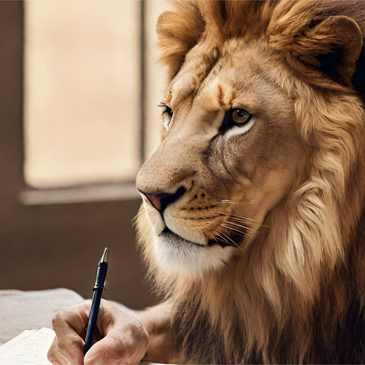 Emboldened lion writing a plan