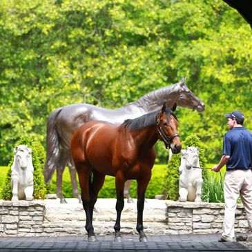 Two horses and a man by stone sculptures in a garden.