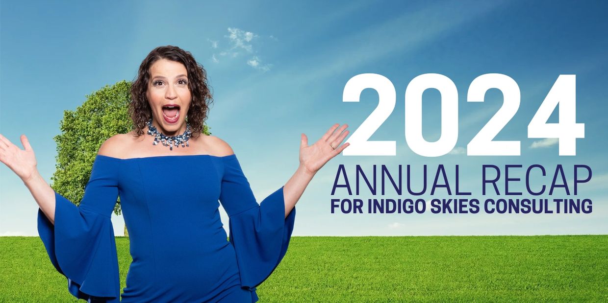 Woman in blue dress excitedly presenting 2024 annual recap for Indigo Skies Consulting.