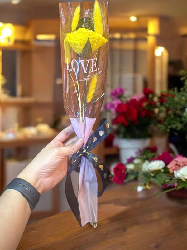 Hand holding a single yellow rose wrapped in transparent paper with the word 'LOVE'.