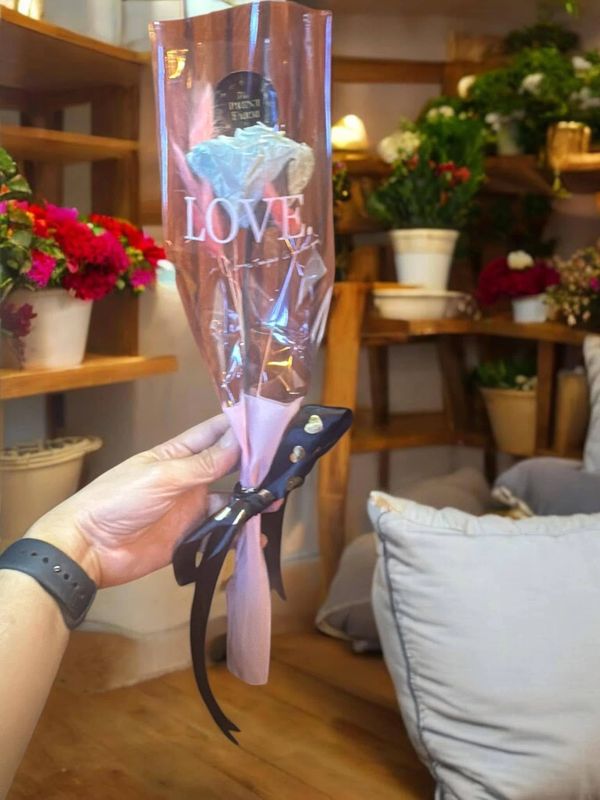 Hand holding a single white rose wrapped in pink plastic with LOVE text and black bow.