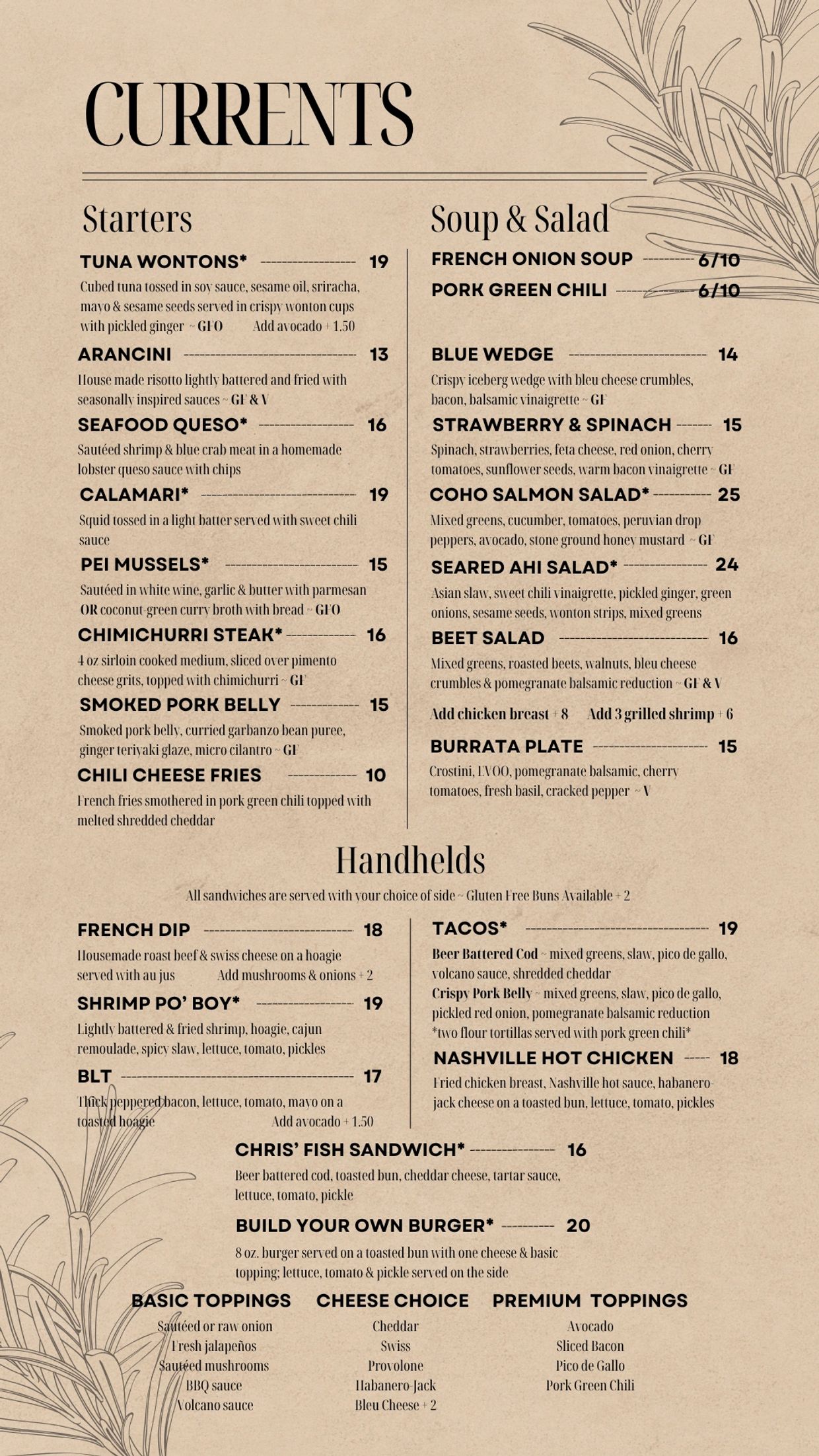 Elegant restaurant menu featuring starters, soups, salads, and handhelds with detailed descriptions and prices.