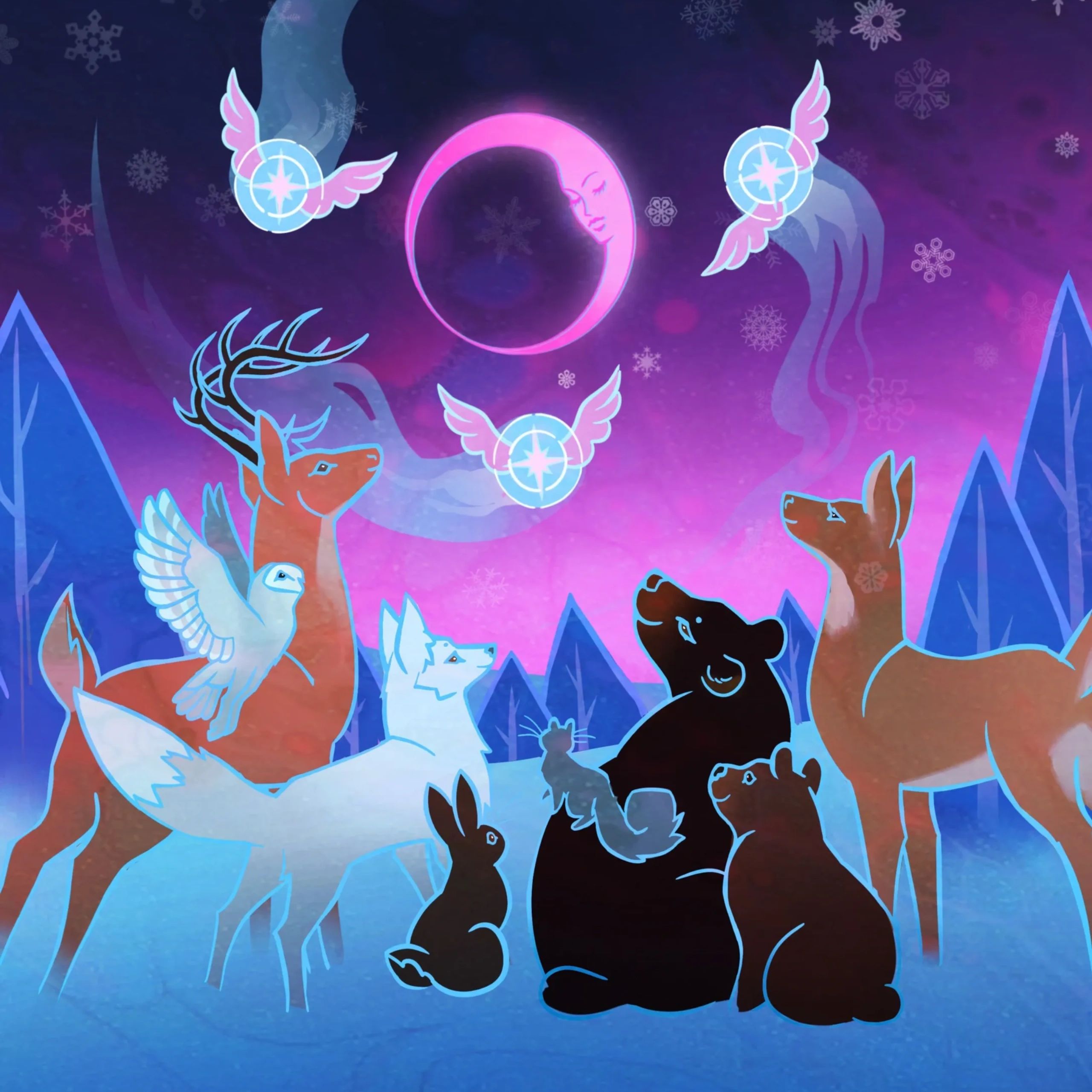 Magical forest animals under a glowing crescent moon with snowflakes and stars.