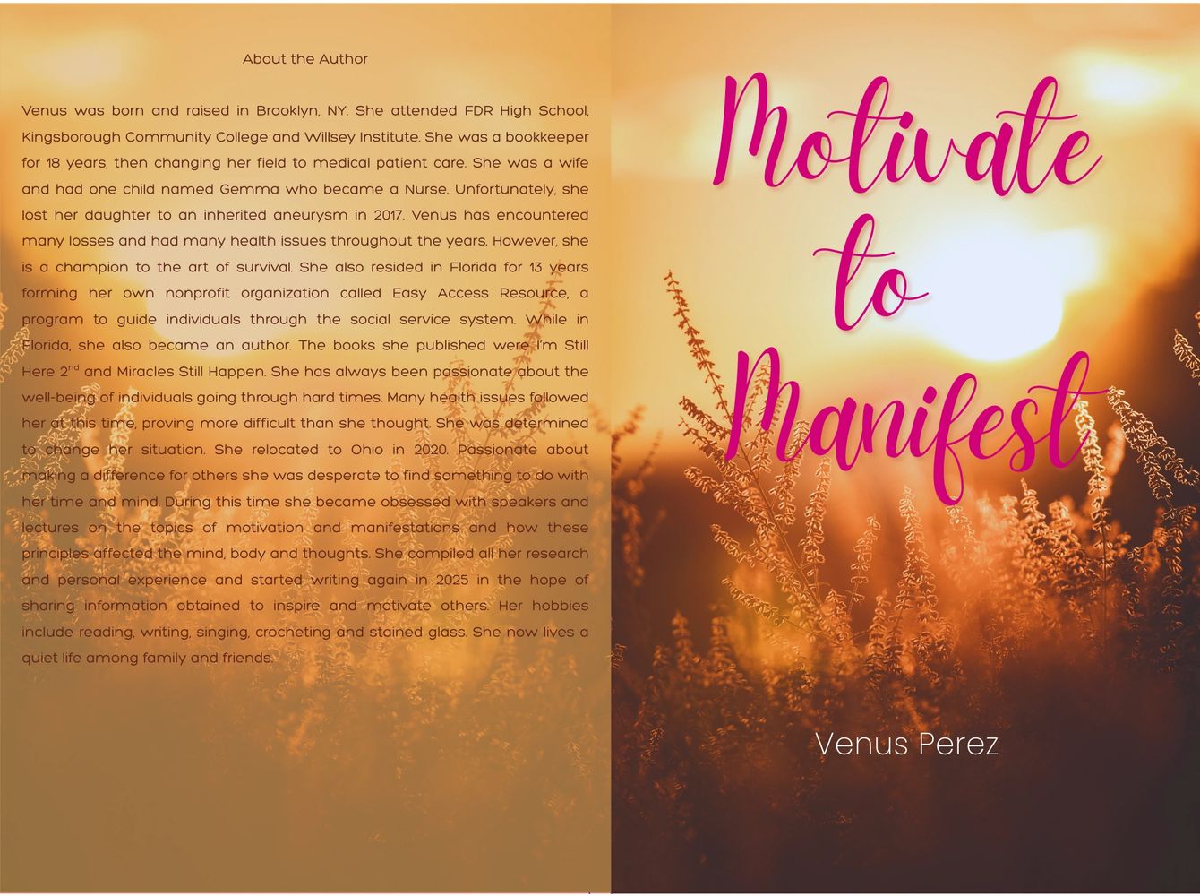 Book cover titled 'Motivate to Manifest' by Venus Perez with author bio on the back.