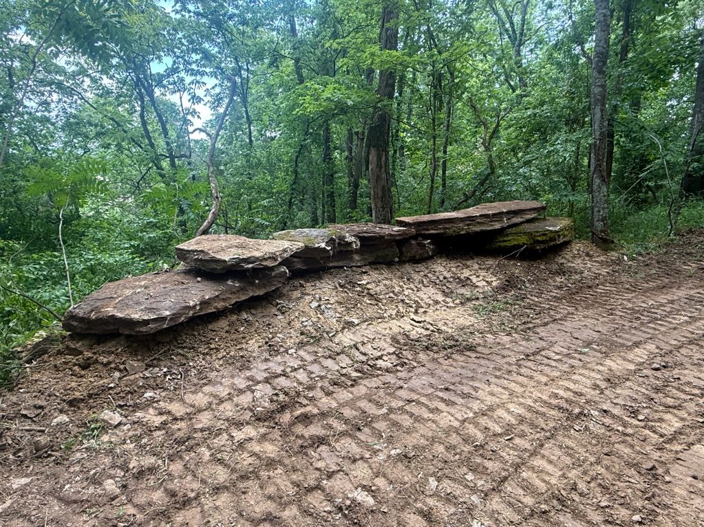 Flat rocks stacked on a dirt embankment beside a forest trail.