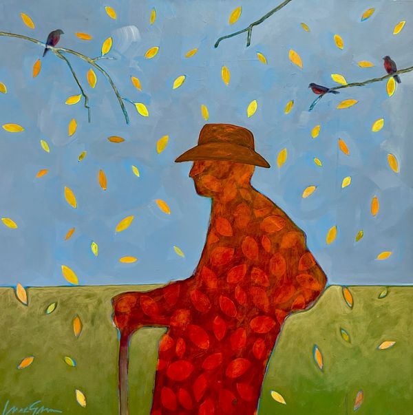 Man in red with hat and cane. Gray sky with leaves falling and three birds perched on bare branches