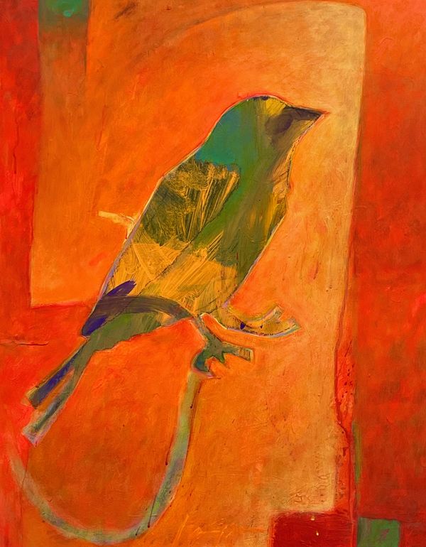 Painting of a bird profile, with vibrant green, blue & yellow feathers on an orange background