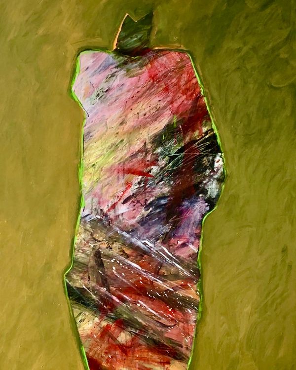 Robed figure with multi-colored angular splashes on the body with black cat head - olive background.