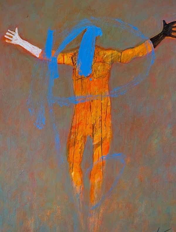 Abstract figure in orange with outstretched arms & blue bird head against a muted  brown background 