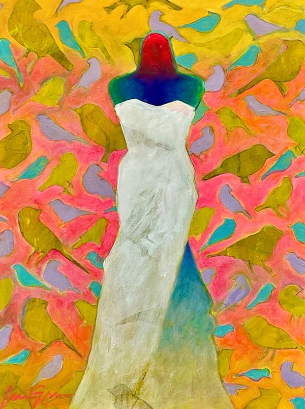 Woman with finch head in a long white gown with yellow, blue, turquoise and greenish finches behind