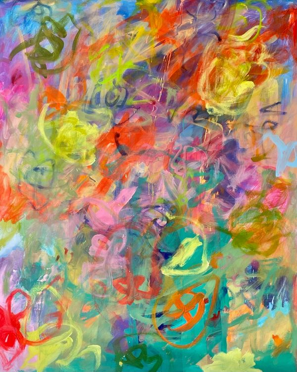 Vibrant abstract painting filled with swirling, layered brushstrokes in neon greens, oranges, pinks,
