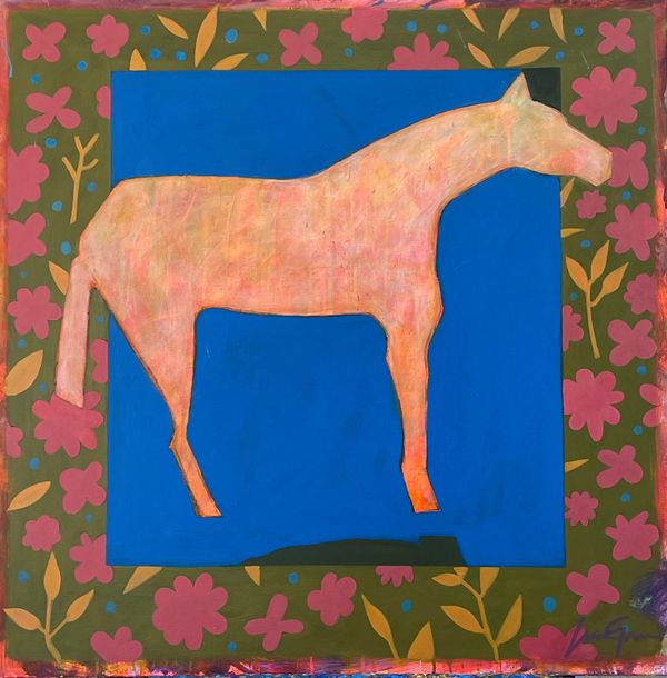 Stylized painting of a pale pink horse on a solid blue background, framed by a green floral border w