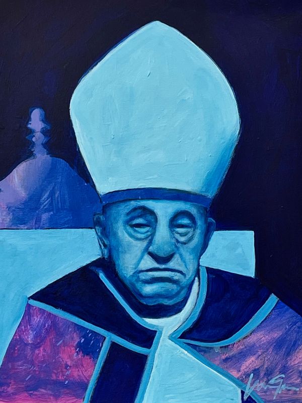 Painting of a solemn Bishop seated on a cathedra in blue and purple tones, wearing a large mitre