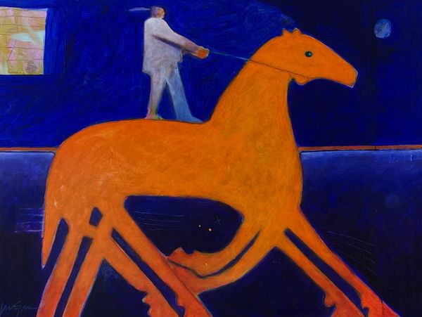 Dream-like person standing on a large orange golden horse against a deep blue night sky