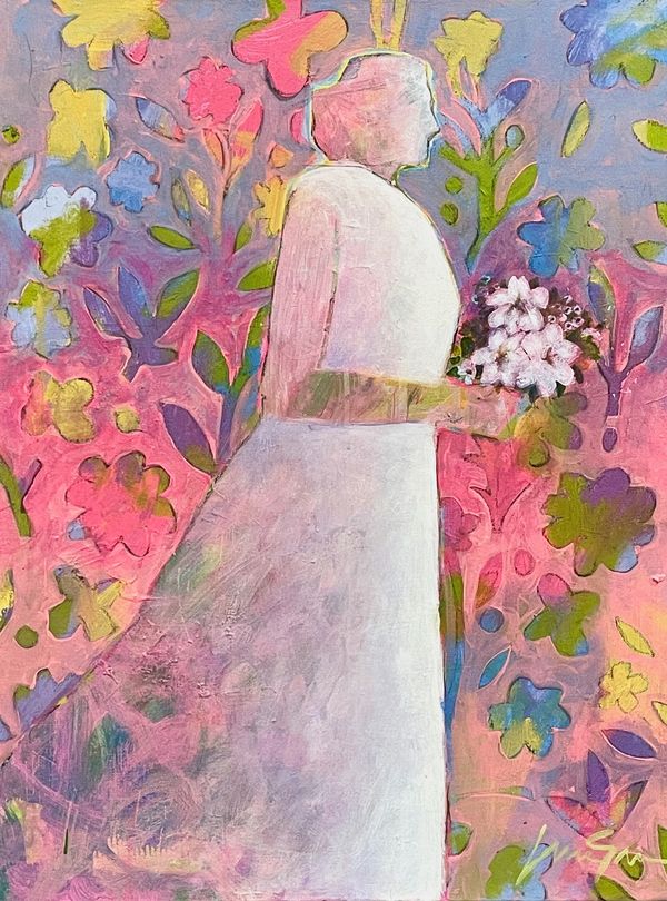 A female figure in a white dress holding flowers, set against a vibrant, floral patterned background
