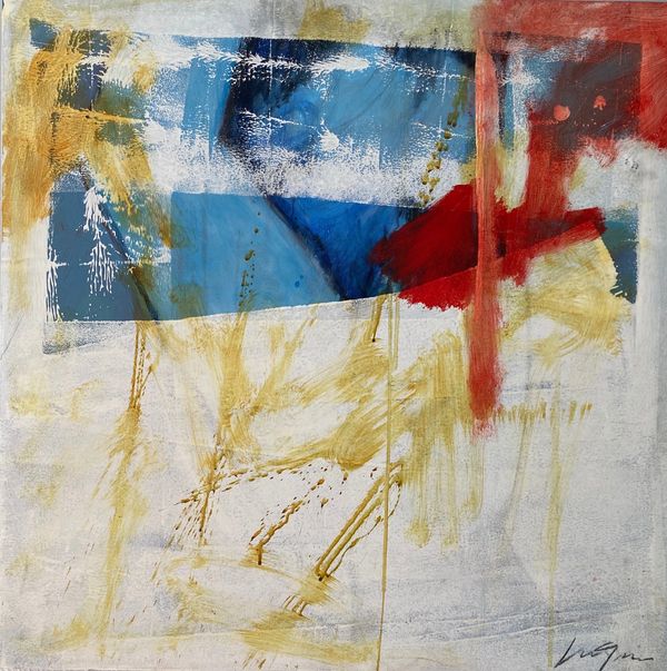 Abstract painting with bold strokes of blue, yellow, red and white; layered textures and drips .