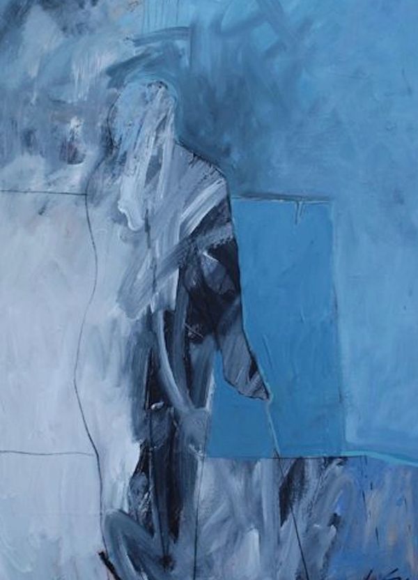 A blue abstract figure on a slate blue and white background with hints of black walking with a cane