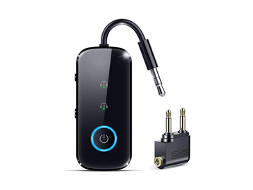 Wireless Bluetooth audio transmitter with airplane headphone adapter.