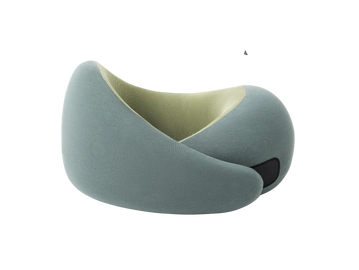 A soft, ergonomic neck pillow in muted blue and beige.