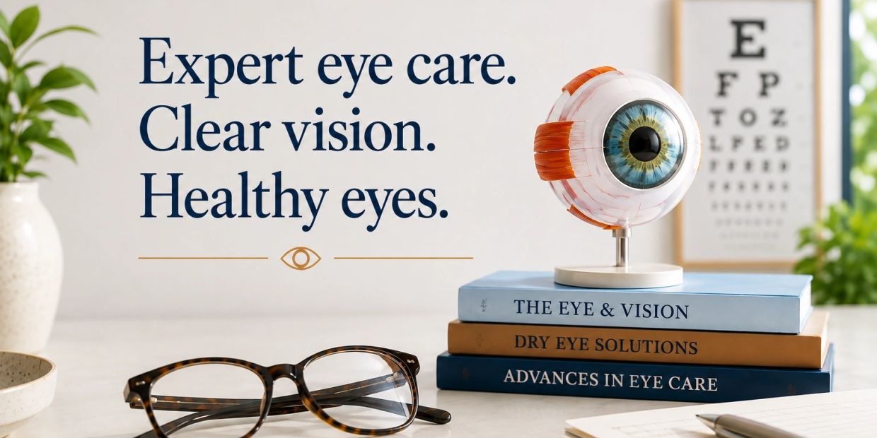 Eye care and vision health image featuring eyeglasses, an anatomical eye model, and an eye chart. 