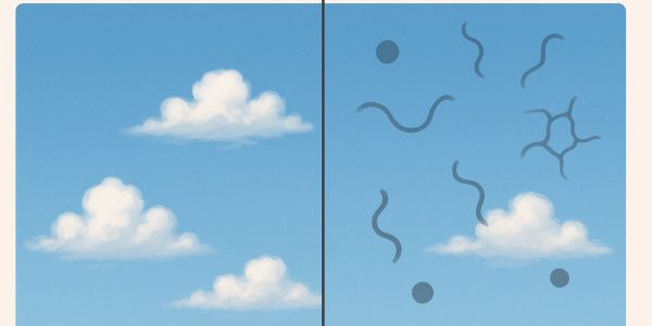 Blue sky with white clouds, with added lines on one side.