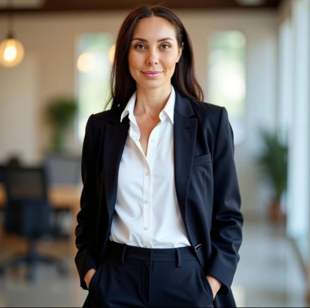 Confident businesswoman in a black suit and white shirt, standing with hands in pockets.
