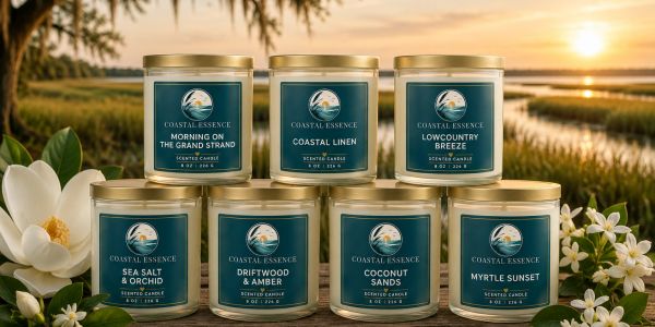 Coastal Essence scented candles with sunset background.