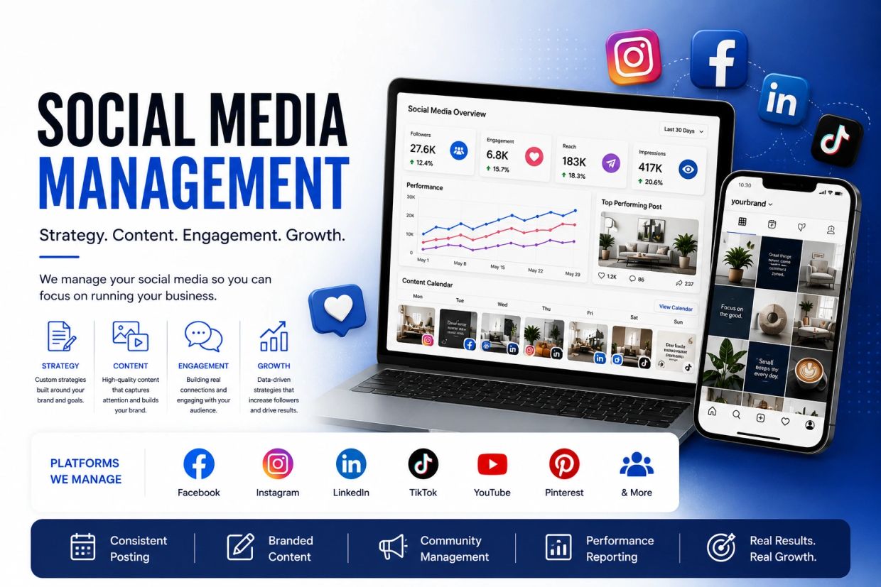 Social media management services with strategy, content, engagement, and growth.