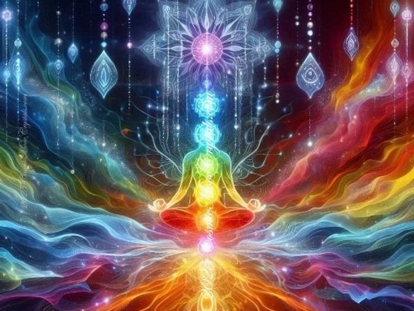 A person sitting in the middle of energetic flow w/ vibrant chakra colors flowing through the body