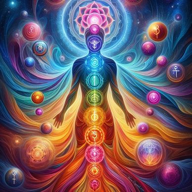 A colorful image of the colors of the chakra aligning up with chakra symbols and waves of energy