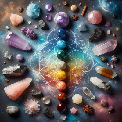 natural crystals surround crystal balls that look like planets in different colors Amethyst Quartz