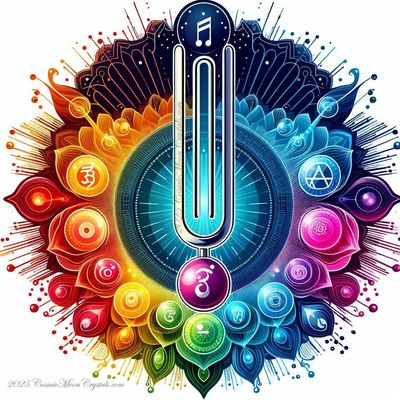 chakra colors & symbols surrounding a tuning fork for chakra alignment balancing & sound tunings