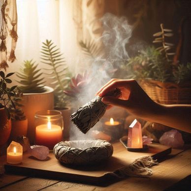 A hand holding a smudge or smoke cleaning stick with smoke being cast in the area natural look